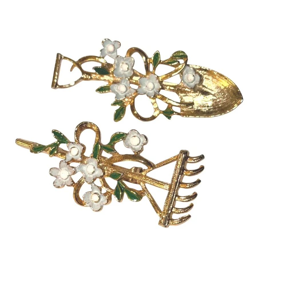 Gerry's Brooch Set Sz OS Gold Tone Enamel Garden Rake Shovel Floral Pins Vintage